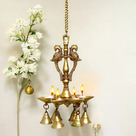 Hanging Peacock Oil Lamp with Hanging Bells Aakrati