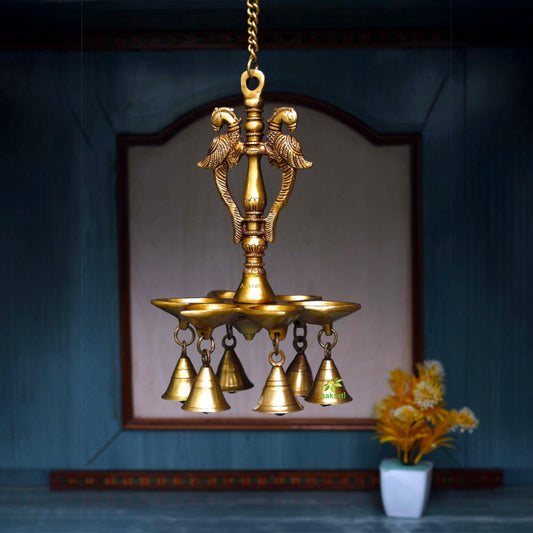 Hanging Peacock Oil Lamp with Hanging Bells
