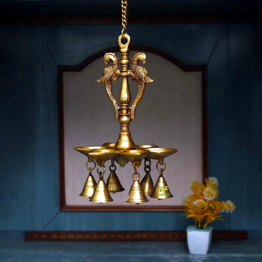 Hanging Peacock Oil Lamp with Hanging Bells Aakrati