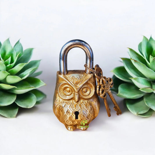 Owl Design Yellow Functional Brass Lock with 2 Keys Aakrati