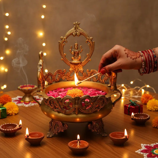 Flower pot with Goddess Lakshmi Idol gold Brass Hand Carved Urli Aakrati