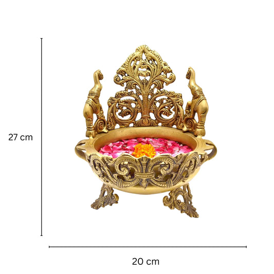 Aakrati Peacock and Elephant Design Traditional Brass Urli for Floral and Candle Decoration Show Piece/Home Decor for Reception, Office and Pooja Rooms Aakrati