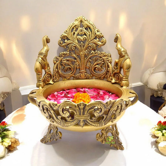 Aakrati Peacock and Elephant Design Traditional Brass Urli for Floral and Candle Decoration Show Piece/Home Decor for Reception, Office and Pooja Rooms Aakrati