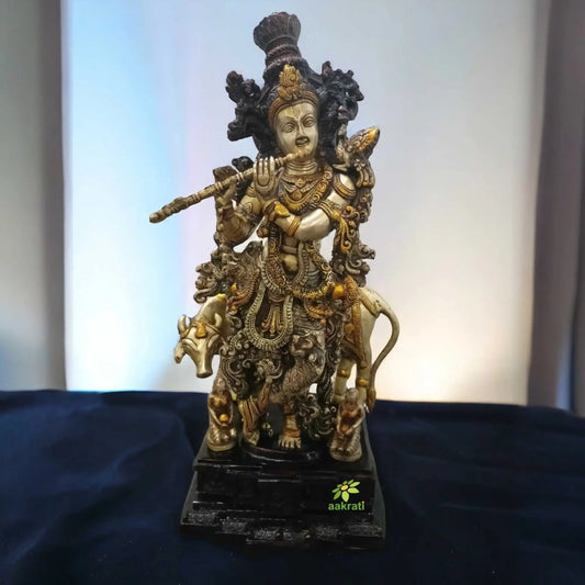 Magnificent Brass Large Lord Krishna with cow 28 inch Tall Home temple statue Wedding Gift Hindu God Aakrati
