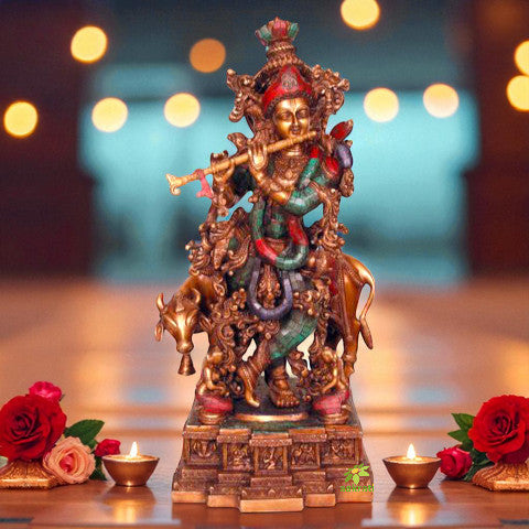 Decorative Krishna Brass Metal Colored Statue Aakrati