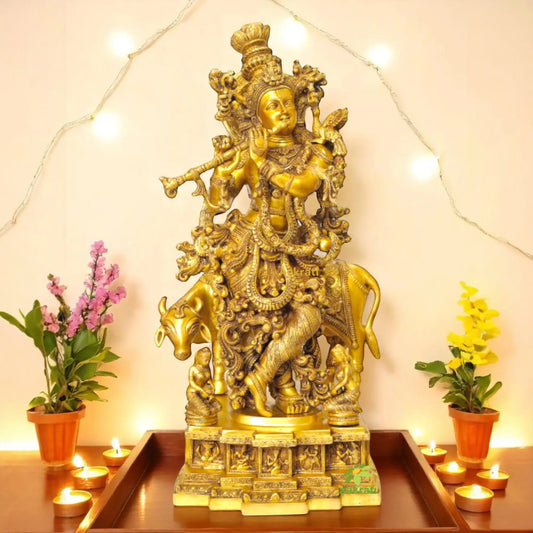 Lord Krishna with Cow decortive Brass Made statue Aakrati