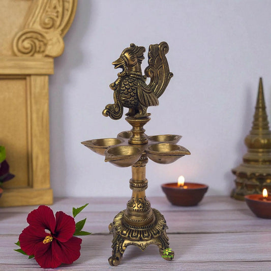 Decorative Brass Bird Statue Table Oil Lamp for multi wicks Aakrati