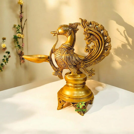 Peacock Floor Oil Lamp Brass Decorative Statue Aakrati