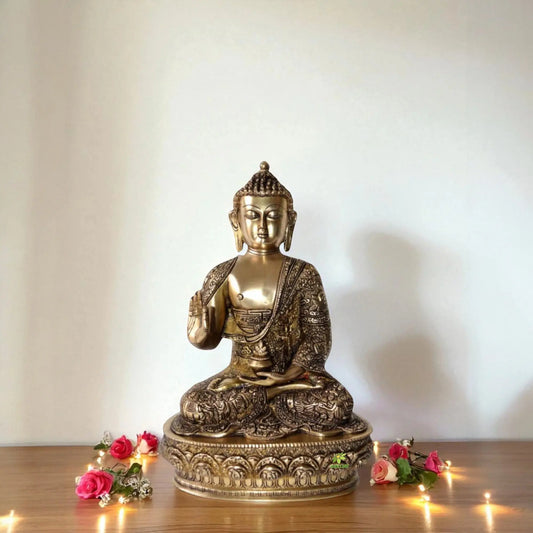 Blessing Lord Buddha Brass Statue in Antique Finish Aakrati