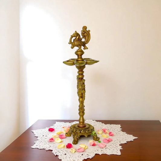 Brass Floor Oil Lamp with Bird Figure on Top with Carving Aakrati