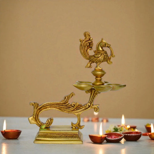 Ethnic Indian Design Peacock Diya - 19 Cms | Home Decor |Brass Diya | Brass Deepam | Brass Lamps | Kuthu Vilakku | Table Decoration | Diwali Gifts | Aarti Decor Aakrati