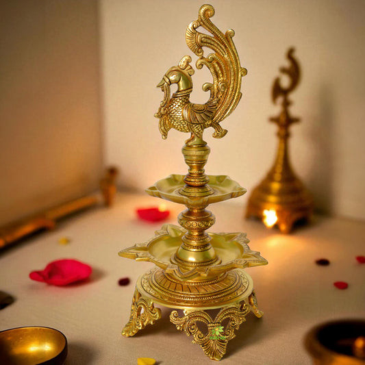 Aakrati Brass Decorative Showpiece Oil Lamp with Peacock - Table Diya Stand - Indian Religious Metal Craft for Gift and Decor