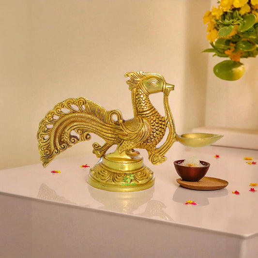 Designer Oil Lamp of Peacock with Superfine carving
