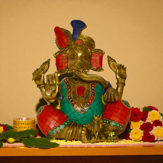 Ganesha Brass Metal Turquoise Work and Stone Statue Aakrati