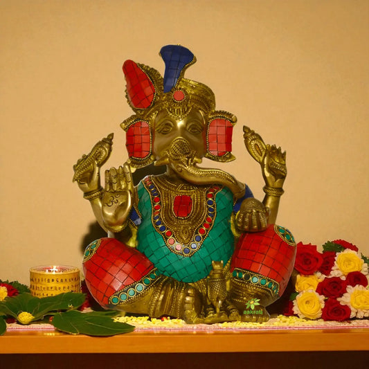 Ganesha Brass Metal Turquoise Work and Stone Statue Aakrati