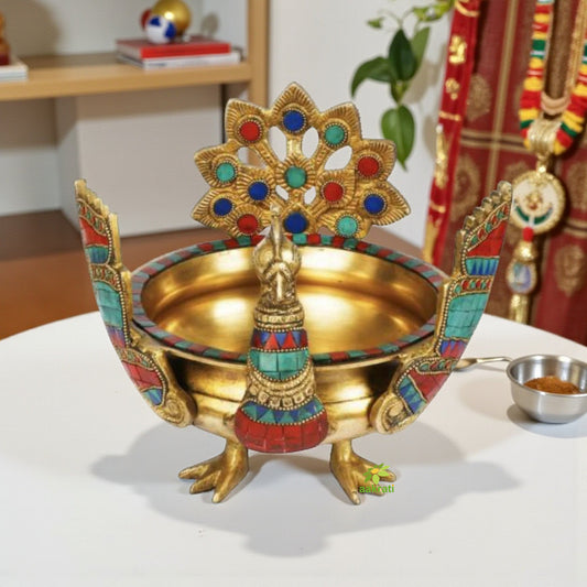 Traditional Brass Peacock Urli bowl decor Intricate design Urli- Floating Flowers Candles Handcrafted Vessel for Diya stand home decorations Aakrati