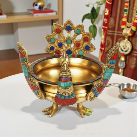 Traditional Brass Peacock Urli bowl decor Intricate design Urli- Floating Flowers Candles Handcrafted Vessel for Diya stand home decorations Aakrati