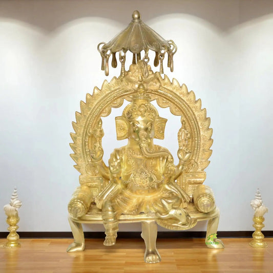 Lord Ganesha Hand Made Brass Metal with Throne Aakrati