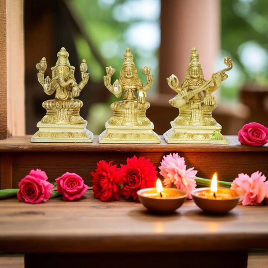 Lakshmi, Ganesha, Saraswati Brass made Statue Aakrati