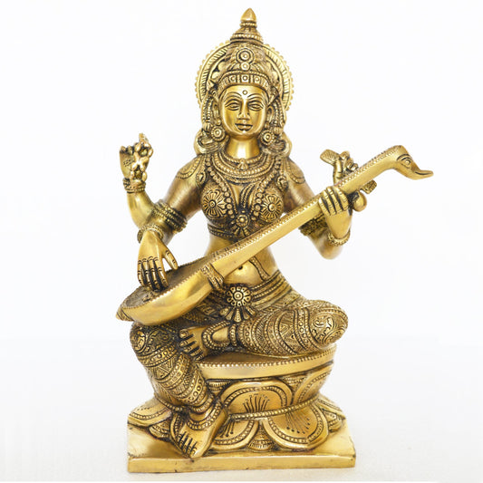 Goddess Saraswati Brass Metal Hand Carved Statue - The Goddess of Art & Knowledge Aakrati
