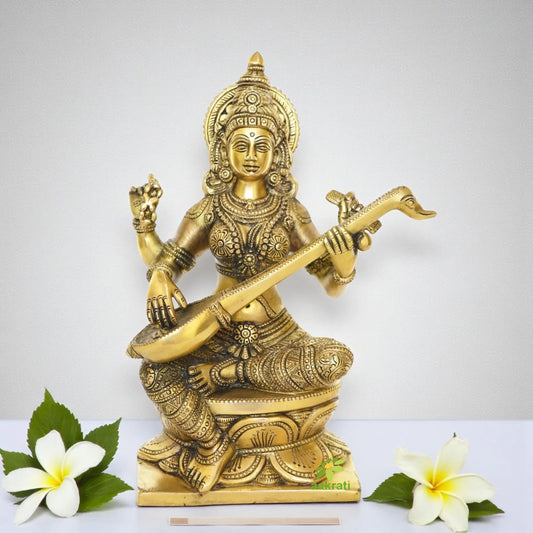 Goddess Saraswati Brass Metal Hand Carved Statue - The Goddess of Art & Knowledge Aakrati