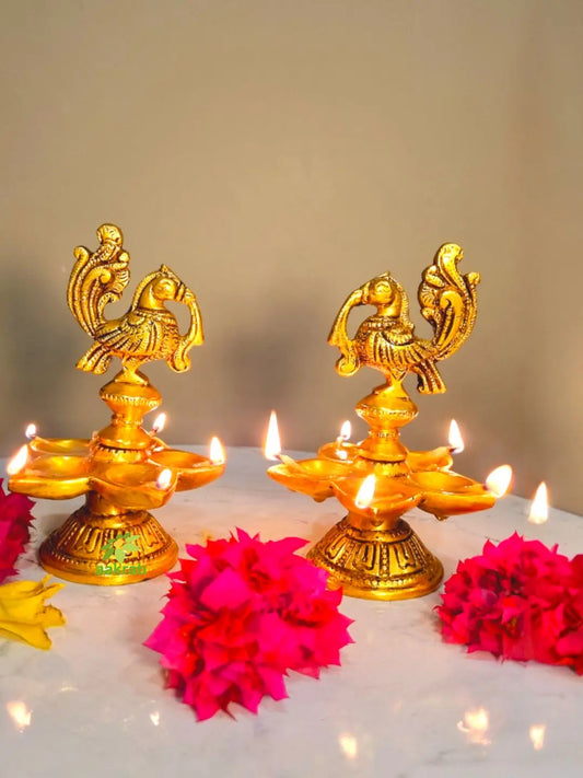 Aakrati Brass Peacock Oil Lamp Pair of Five Wicks for Decor and Worship Decorative Bird Metal Lamp (Pack of 2) Aakrati