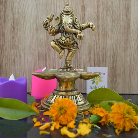 Dancing Ganesha Brass Oil Lamp Decorative Metal Lamp Statue for Home Decor Aakrati