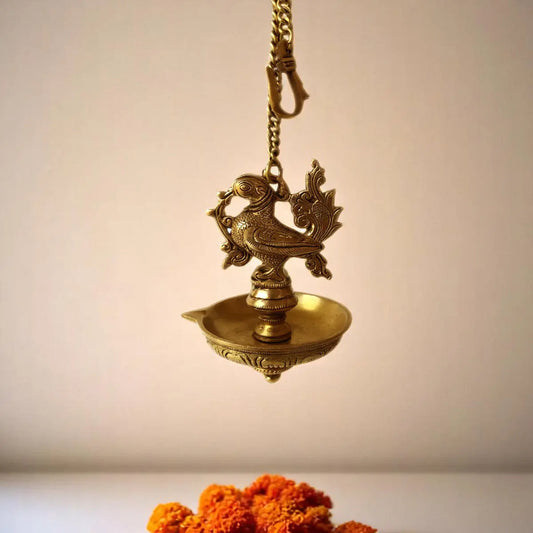 Bird Figurine Brass made hanging oil lamp with 45CM long chain Aakrati