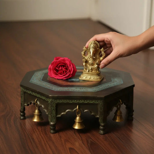 Brass Chowki for Pooja | Ideal for Home Temple | Premium Brass Pooja Chowki for Daily Worship ( Brown, 14 inch) Aakrati