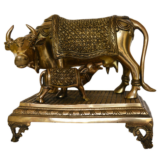 Brass Metal Nandi Cow & calf hand carved decorative Statue for temple & Decor Aakrati