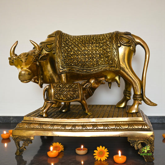 Brass Metal Nandi Cow & calf hand carved decorative Statue for temple & Decor