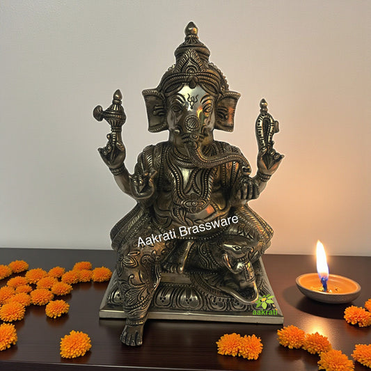 Brass Made Lord Ganesha hand carved sitting statue Aakrati
