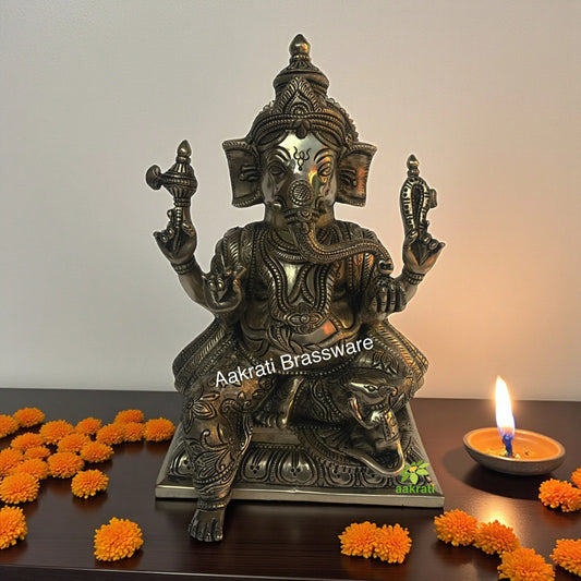 Brass Made Lord Ganesha hand carved sitting statue Aakrati