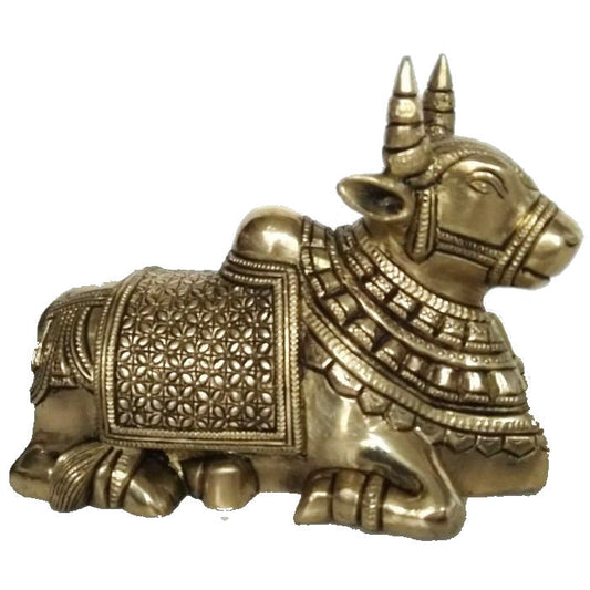 Brass Made Cow (Nandi) sitting statue for Shiv Temple Aakrati
