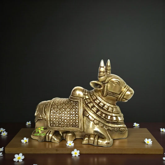 Brass Made Cow (Nandi) sitting statue for Shiv Temple