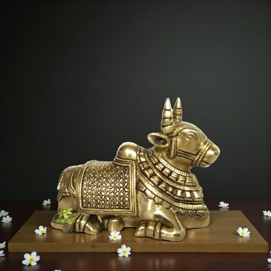 Brass Made Cow (Nandi) sitting statue for Shiv Temple Aakrati