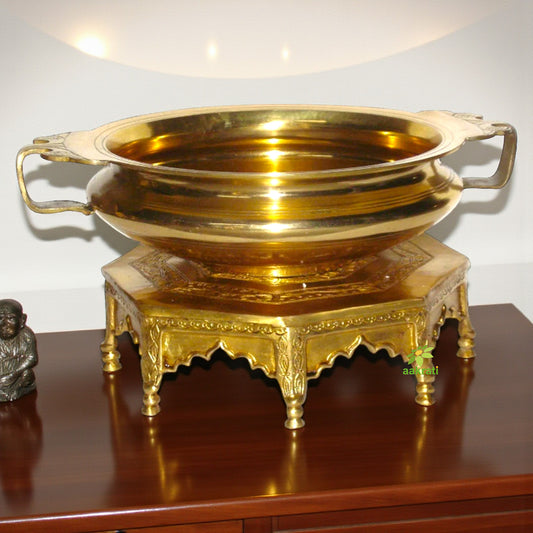 Brass Urli Showpiece | Floating Serenity for Your Home Temple | Brass Handmade Urli with Floating Flowers ( Yellow, 16 inch)