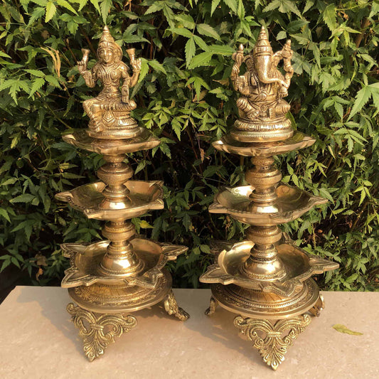 Laxmi Ganesh Diya Stand Handmade Indian oil Lamp for home and office table decor Aakrati