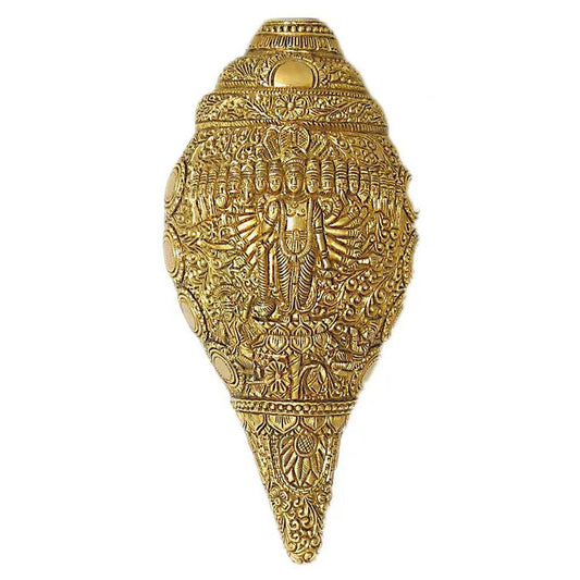Brass made conch with lord Vishnu figure on it for pooja ghar/temple decor Aakrati