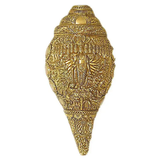 Brass made conch with lord Vishnu figure on it for pooja ghar/temple decor Aakrati