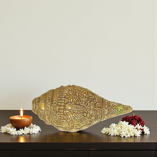 Brass made conch with lord Vishnu figure on it for pooja ghar/temple decor Aakrati