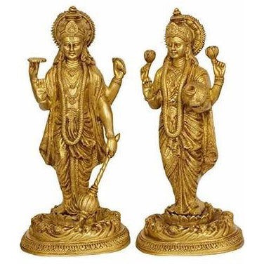 Brass metal hand carved Lord Vishnu & Laxmi Ji pair