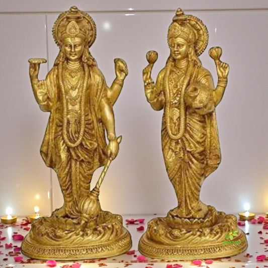 Brass metal hand carved Lord Vishnu & Laxmi Ji pair Aakrati