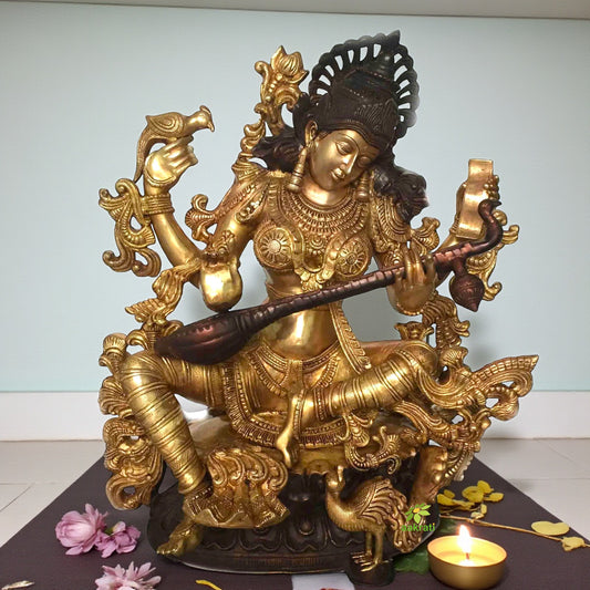 Goddess Saraswati Brass Metal Statue by Aakrati