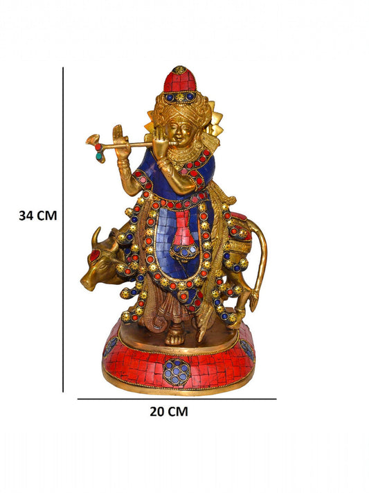 Lord Krishna with a Cow and His Flute in turquoise work - Brass Sculpture