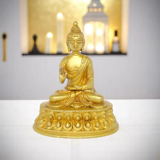 Lord Buddha Sitting on Lotus Decorative Showpiece - 14 cm (Brass, Antique Yellow Finish) Aakrati