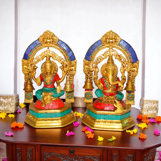 Laxmi Ganesh metal brass statue with small bells Aakrati