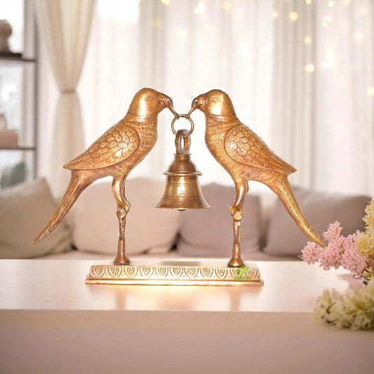 Brass Parrot Pair Holding a Bell Aakrati