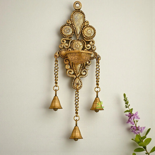Aakrati Wall Hanging Deepak Also as Candle Stand with Bells Made of Brass Metal - Wall Decor Indian showpiece for Gift -Total Height 11 inch Aakrati