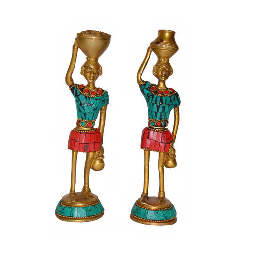 Indian art Showpiece Traditional Tribal Statue of Brass Metal with turquoise Gemstone work Decorative look and handmade Handcrafted Figurines for Home Decor